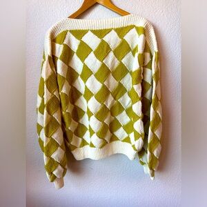 VINTAGE Hand Knit Basketweave Wool Blend Sweater Chunky Boatneck Sz L Chartreuse